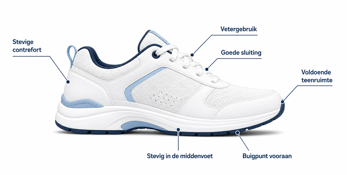 Illustratie van een sneaker met aandachtspunten voor een goede schoen